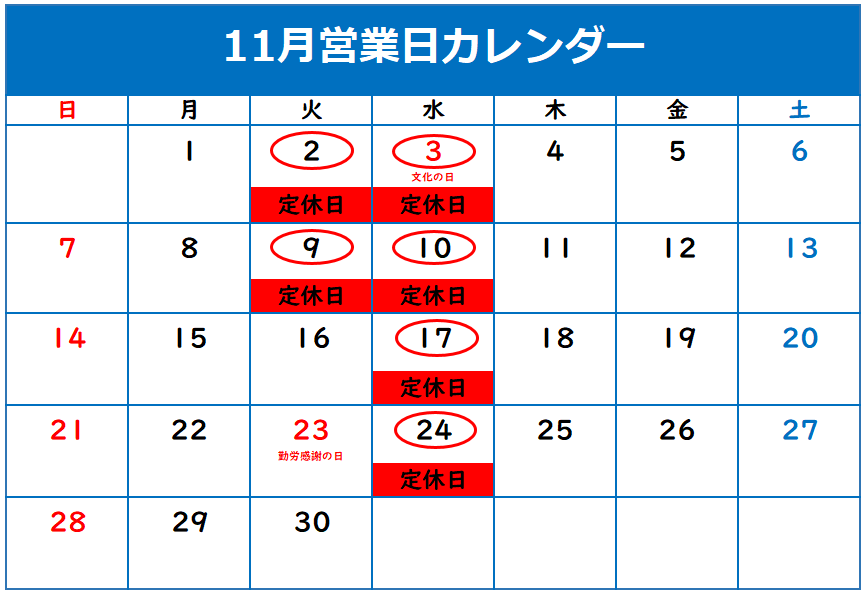 ◇11月定休日のご案内◇