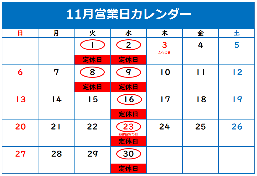 ◇11月定休日のご案内◇