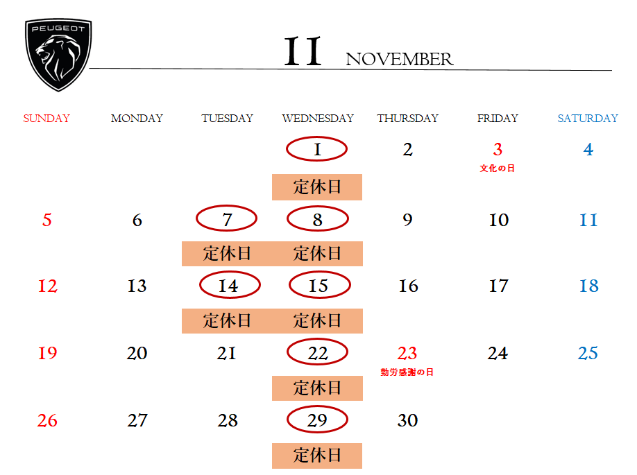 ◇11月定休日のご案内◇